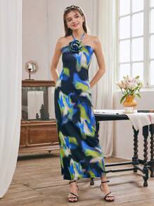 Vestido con tirantes de espagueti y estampado floral teñido anudado elegante para chicas adolescentes en vacaciones