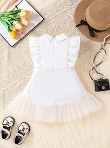 SHEIN Baby Girl Peter Pan Collar Dress With Ruffle Sleeves & Hem - White - View 2