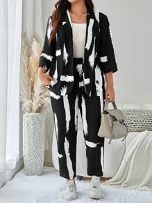 SHEIN LUNE Conjunto de ropa de mujer con chaqueta y pantalones estampados en blanco y negro con grafiti, ropa de invierno, conjunto de negocios casuales, blusa de trabajo, blusa de negocios, talla grande - Blanco y Negro - Ver 5