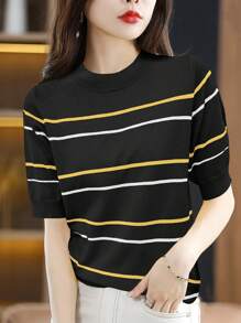 EMERY ROSE Striped Short-Sleeved Knitted Top - Black - View 4