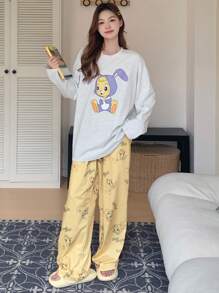 DAZY Cute Cartoon Pattern Printed Round Neck Long Sleeve Top And Pants Set - Yellow - View 7