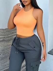 Zolique Camiseta sin mangas de punto redondo corto sin costuras en colores pastel para mujer con cuello redondo, uso diario casual