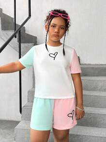 SHEIN Tween Girls Extended Size Loose Casual Round Neck Pullover Letter Printed T-Shirt And Pants Set With Color-Blocking Design - Multicolor - View 4