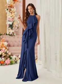 SHEIN Belle Women's Sleeveless Round Neck High Low Hem Ruffle Fish Tail Cocktail Dress (Heavy Model) With Front Slit Design Elegant Formal Evening Prom Wedding Guest Gown, For Graduation, Dinner - Navy Blue - View 5