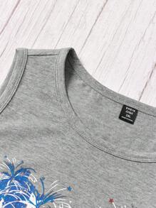 SHEIN LUNE 大尺碼女性休閒圓領美國日印花坦克上衣，夏季 - 灰色 - 查看 6