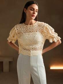 Anewsta 優雅蕾絲燈籠袖女士襯衫帶束腰細節 - 杏色 - 查看 5