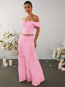 PARTHEA Off Shoulder Ruched Twist Fron Crop Top & Low Waist Ruffles Skirt Set - Pink - View 7