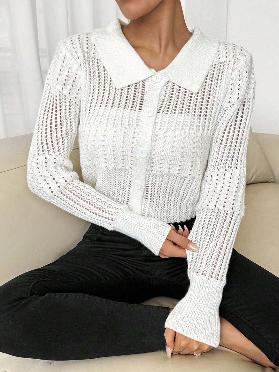 SHEIN LUNE Camisa feminina casual sólida com lapela Vazada, camisa de manga longa com botões, ideal para férias. - Branco - Visão 1