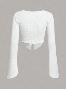 SHEIN X KeniaOs SHEIN ICON 前开襟荷叶边袖蝴蝶结细节短款 T 恤 - 白色 - 查看 6