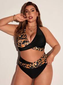 SHEIN Swim Curve Ensemble bikini à imprimé léopard contrasté grande taille avec découpe ras-du-cou, parfait pour la plage d'été - Multicolore - Voir 5