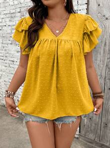 SHEIN Holidaya Camisa casual festiva con volantes de talla grande y unicolor - Amarillo - Ver 1