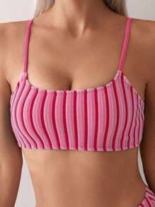 SHEIN Swim 女士夏季海滩撞色条纹比基尼套装 - 彩色 - 查看 3