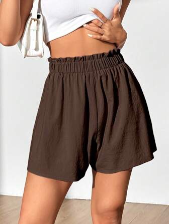 Sunnyshic Shorts marrons à taille haute simple et unie avec bord volute, pour un port quotidien pour femmes