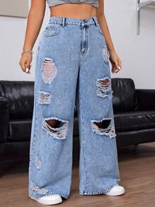SHEIN EZwear Plus Size Casual Wide-Leg Distressed Washed Boyfriend Jeans - Blue - View 6