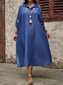 EMERY ROSE Váy mùa thu thường ngày màu xanh dành cho nữ có kích thước lớn với một nút và tay áo 3/4 - Màu xanh lam - Xem 6