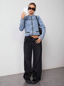 SHEIN EZwear 女士拉链洗水牛仔夹克 - 藍色 - 查看 6