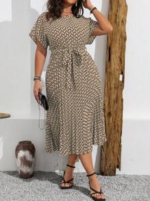 Vionelle 大码波西米亚风夏季休闲全身印花蝙蝠袖连衣裙，带褶边女装 - 卡其色 - 查看 5