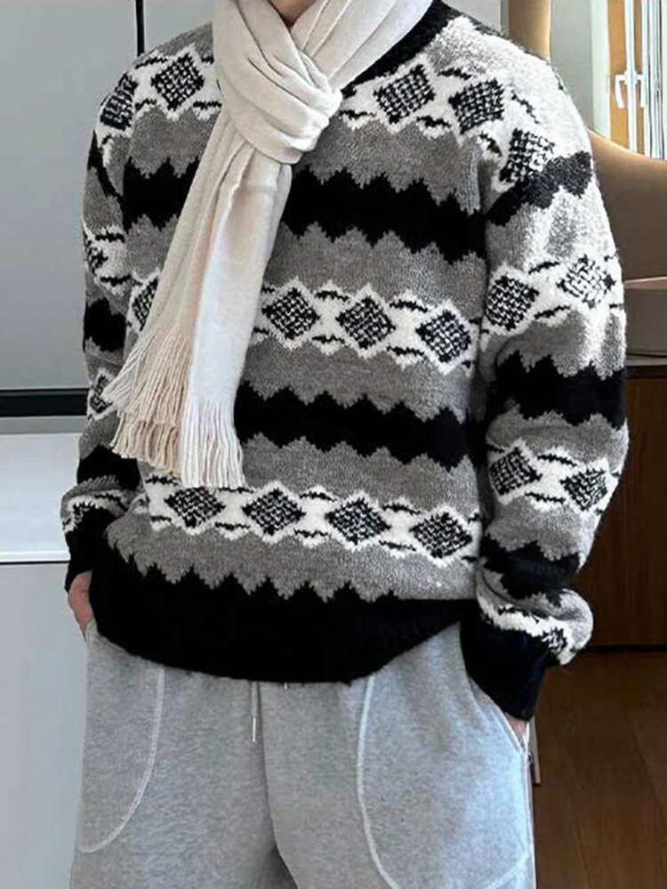 Men's Casual Geometric Pattern Color-Block Sweater, Autumn