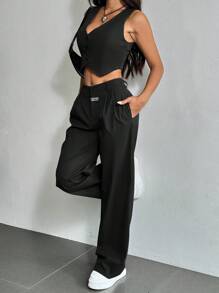 Muchica Summer Outfits Summer Sets Ladies' Solid Color Vest & Plaid Detail Pants Suit - Black - View 2