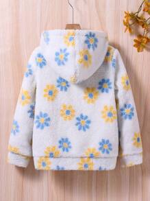 Girls' Plush Zippered Windproof Jacket With Flower Design, Long Sleeved And Lined - Multicolor - View 2