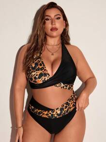 SHEIN Swim Curve Ensemble bikini à imprimé léopard contrasté grande taille avec découpe ras-du-cou, parfait pour la plage d'été - Multicolore - Voir 4