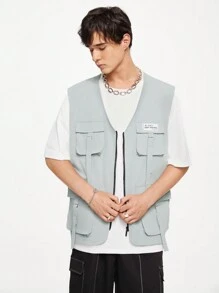 Manfinity Hypemode Men's Spring/Summer Casual Patch Workwear Cargo Going Out Teachwear Biker Outdoor Windbreaker Vest, For Friends, Husband, Boyfriend Gifts - Grey - View 5