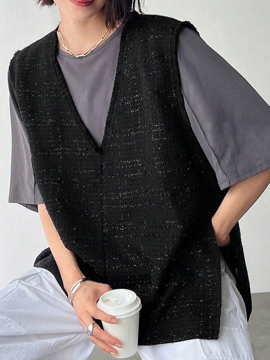 FRIFUL Solid V Neck Sleeveless Blouse Without Tee - Black - View 1