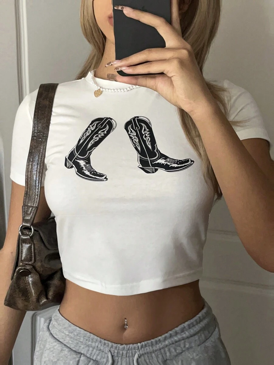 SHEIN EZwear Casual Minimalist Western Cowboy Boots Graphic White Round Neck Short Sleeve Cropped Fitted T-Shirt, Suitable For Summer Music Festivals - White - View 1