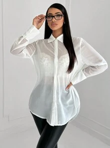 SHEIN SXY Simple Minimalist Commute Chiffon Loose Wet Look Semi-Transparent Shirt - White - View 5