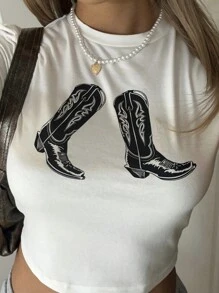 SHEIN EZwear Camiseta ajustada de manga corta y cuello redondo con estampado minimalista de botas de vaquero estilo occidental, adecuada para festivales de música de verano