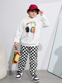 SHEIN Tween Boys Extended Size Colorful Headphone Print Casual Fleece Hoodie, Fall/Winter