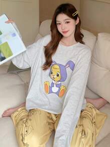 DAZY Cute Cartoon Pattern Printed Round Neck Long Sleeve Top And Pants Set - Yellow - View 4