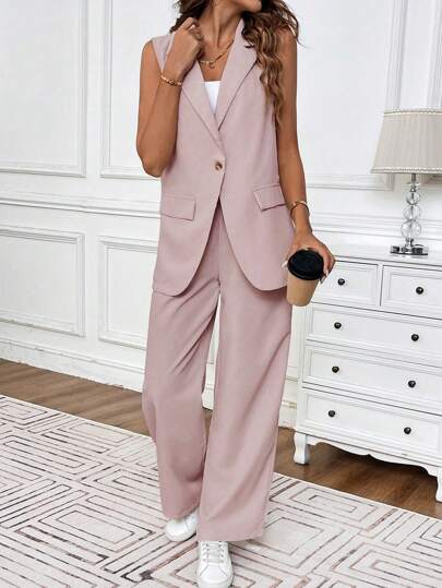EMERY ROSE Ladies' Summer Casual Solid Color Vest And Long Pants Business Suit