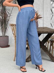 SHEIN 孕婦純色簡約風日常系綁帶腰口袋褲 - 藍色 - 查看 5