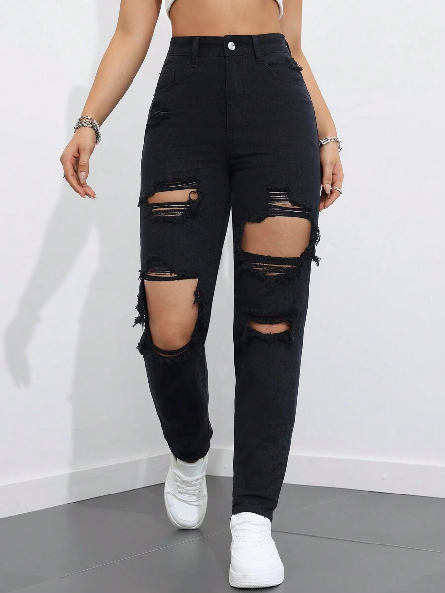 SHEIN EZwear Women's Fashionable Ripped Jeans For Daily Wear - Black - View 1