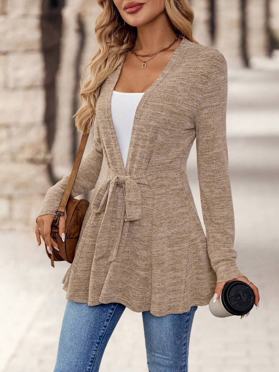 EMERY ROSE 女士简约日常长袖系带外套，女士深秋休闲系带常规袖宽松卡其色纯色女士外套，休闲日常穿着 - 卡其色 - 查看 1