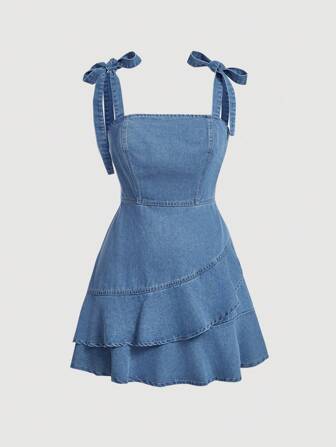 SHEIN PETITE 女式夏季休闲水洗牛仔细肩带连衣裙