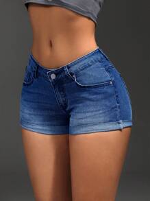 SHEIN SXY Quần short denim dáng ôm vừa vặn thường ngày mùa hè có viền cuộn - Rửa trung bình - Xem 5