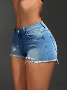 SHEIN SXY Shorts casuales de mezclilla para mujer de estilo simple de unicolor - Azul lavado medio - Ver 4