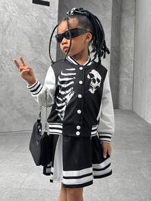 SHEIN Young Girl 2pcs Halloween Outfit , Skull Print Baseball Jacket And Pleated Color Block Mini Skirt Suit, Suitable For Costume Play - Black - View 3