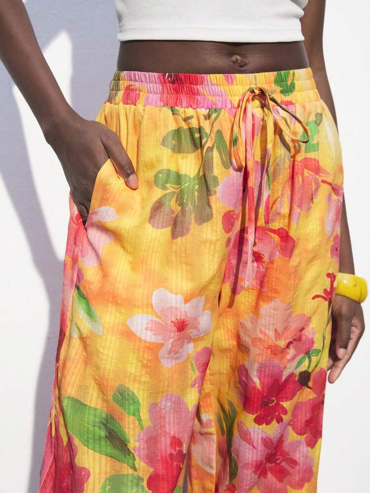 SHEIN Maija Women's Casual Floral Print Straight Leg Pants For Vacation