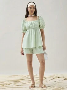 COSMINA Women's Solid Color Puff Sleeve Casual Summer Shirt