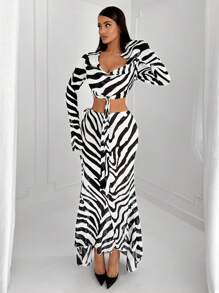 SHEIN SXY Women'ssimple Minimalist Commute Summer Fashion Zebra Print Draped Neck Short Sleeve Shirt And Mermaid Hem Skirt Set - Black and White - View 1
