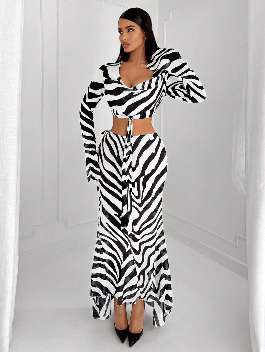 SHEIN SXY Women'ssimple Minimalist Commute Summer Fashion Zebra Print Draped Neck Short Sleeve Shirt And Mermaid Hem Skirt Set - Black and White - View 1