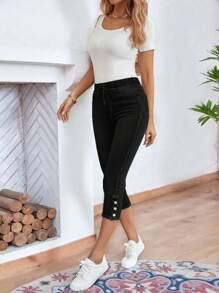 EMERY ROSE 鈕扣細節束腰緊身牛仔褲 - 黑色 - 查看 6