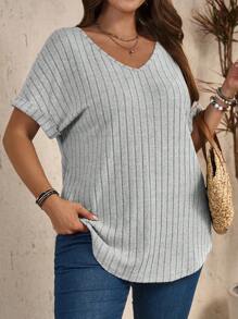 EMERY ROSE Plus Size Solid Color Ribbed Batwing Sleeve Casual Daily Summer T-Shirt