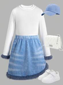 Conjunto de falda de plumas asimétrica y top de rayas de manga larga de 2 piezas para niñas (grandes), ideal para viajes diarios/elegantes/todo terreno. - Multicolor - Ver 3