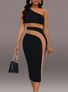 SHEIN Slayr Colorblock One Shoulder Split Back Bodycon Dress - Black - View 4