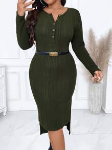 Calvaya Váy midi xẻ tà đan gân cỡ lớn - xanh quân đội - Xem 7