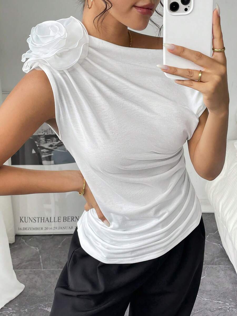 Chiquease 1 Áo thun nữ 3D thời trang xếp nếp một bên vai, màu trắng - trắng - Xem 1